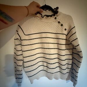 Scotch&Soda Striped Ruffle Neck Women's Sweater - Cream with Black Stripes L